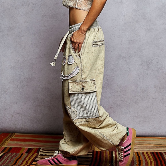 POL Mineral Wash Peace Floral Lace Patch Joggers - Picture 2 of 5